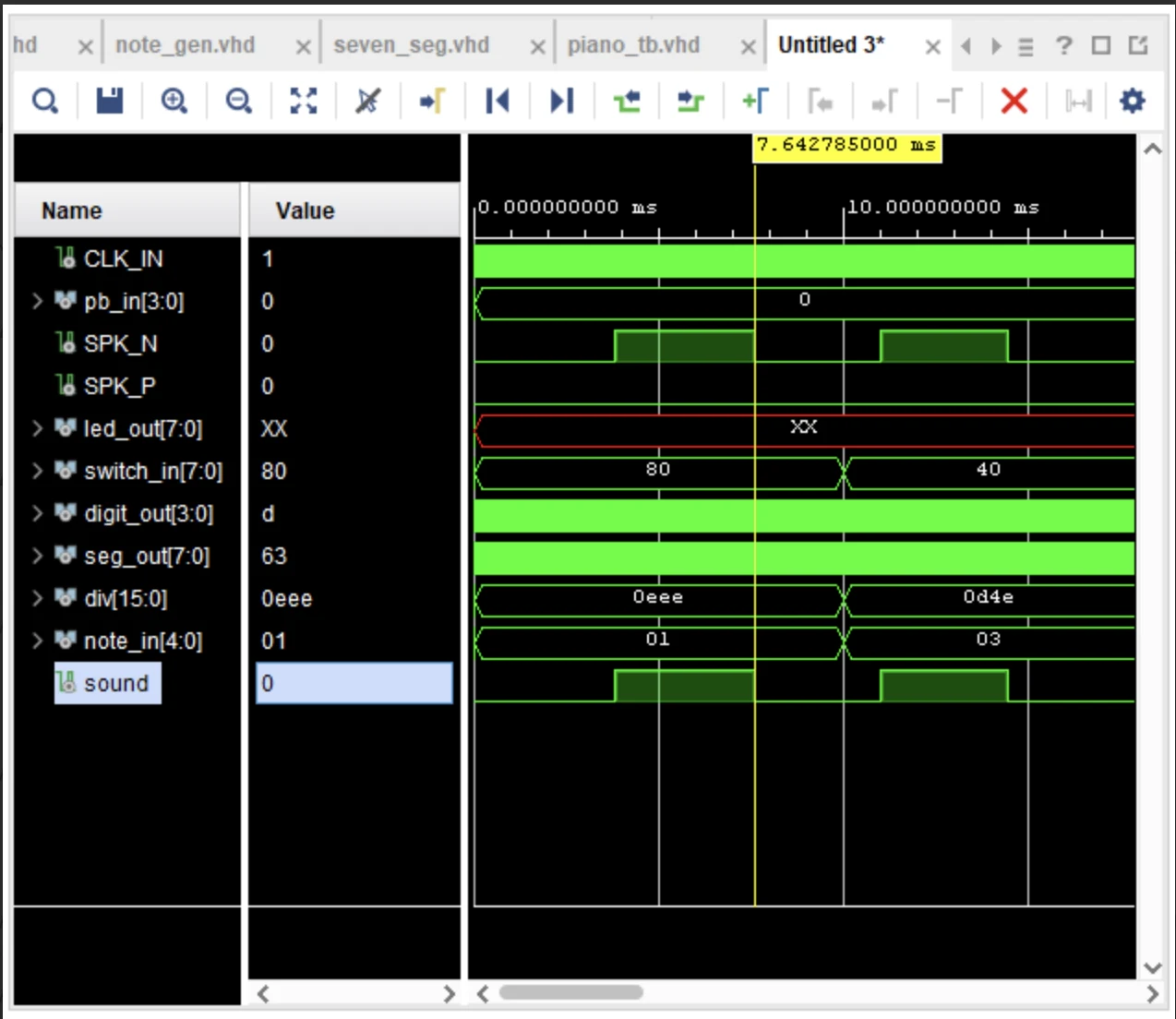 Simulation showing switch input 80, divider 0EEE, and the speaker square wave for C3