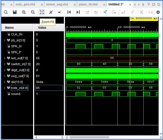 Simulation showing successive switch values 80, 40, 20, and 08 with corresponding divider and sound signals