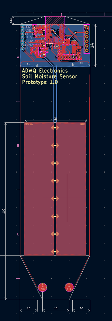 PCB layout showing electronics at the top, long capacitive plates, and electrodes at the tip